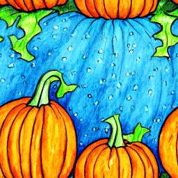 Pumpkins on Vividly Blue Background With Green Leaves free seamless pattern