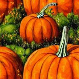 Magical Pumpkin Patch in Green Grass Painting, free seamless pattern