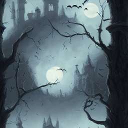 Misty, Spooky Castle With Moon &amp; Bats free seamless pattern