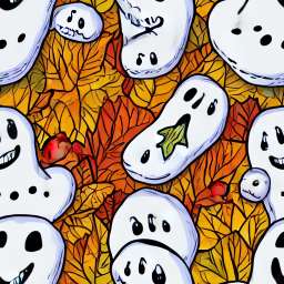 Cute White Ghosts, One Eating Grass, Autumn Colors free seamless pattern