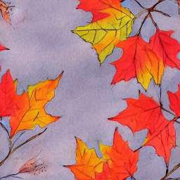 Fallen Autumn Leaves in Red, Yellow Colors, Water Color on Blue Background free seamless pattern