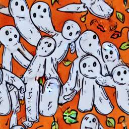 Cartoon Style White Ghosts On Orange Background free seamless pattern