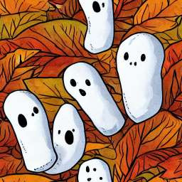 White Ghosts on Fallen Orange Leafs free seamless pattern