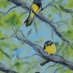 Great Yellow Tit on Branch Water Color Green Blue BG free seamless pattern